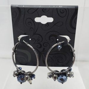 crystal glass beaded cluster hoop earring hematite & antique silver